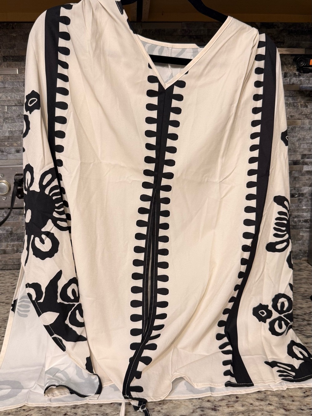 Cream V-Neck Embroidered Cape Top with Black Trim - Picture 1 of 1